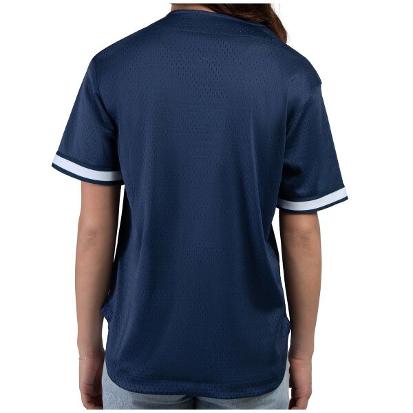 back view of model wearing women's navy Penn State baseball jersey